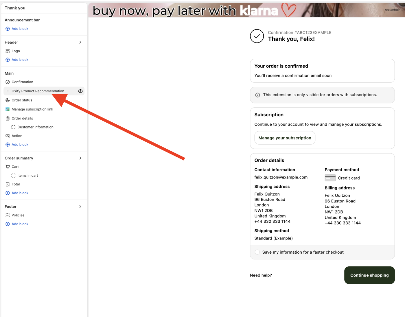 Shopify checkout and accounts editor on the Thank you page. The left panel lists sections — Announcement bar, Header, Main, Order summary and Footer — each with its own Add block link. An app block named Oxify Product Recommendation sits inside the Main section under Confirmation, with the live thank you page preview on the right.