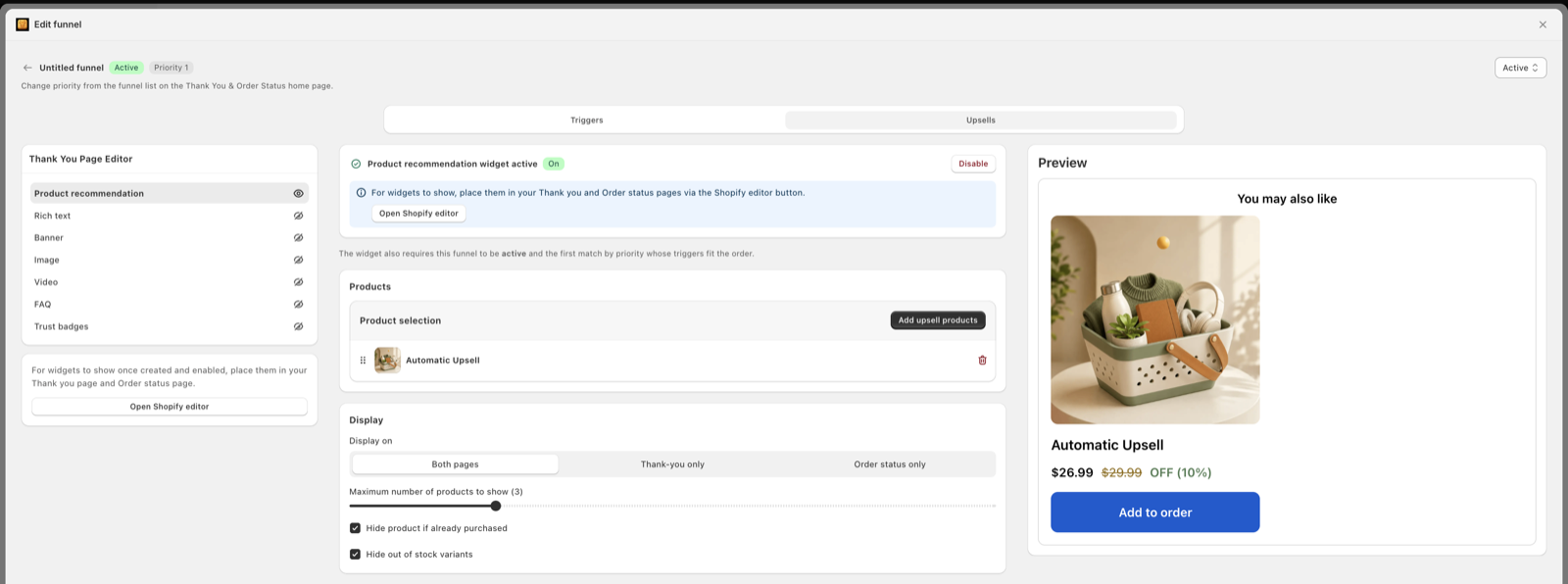 Thank you page editor showing block types — product recommendation, rich text, banner, image, video, FAQ and trust badges — with a Display on toggle set to Both pages and a live preview of a one-click upsell offer.